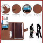 Open passport folio detail: card slots and airplane logo with fabric texture and snap tab