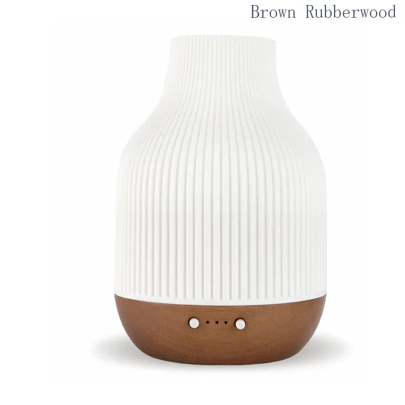Brown Rubberwood aroma diffuser: white ribbed ceramic top, brown wood base and control holes