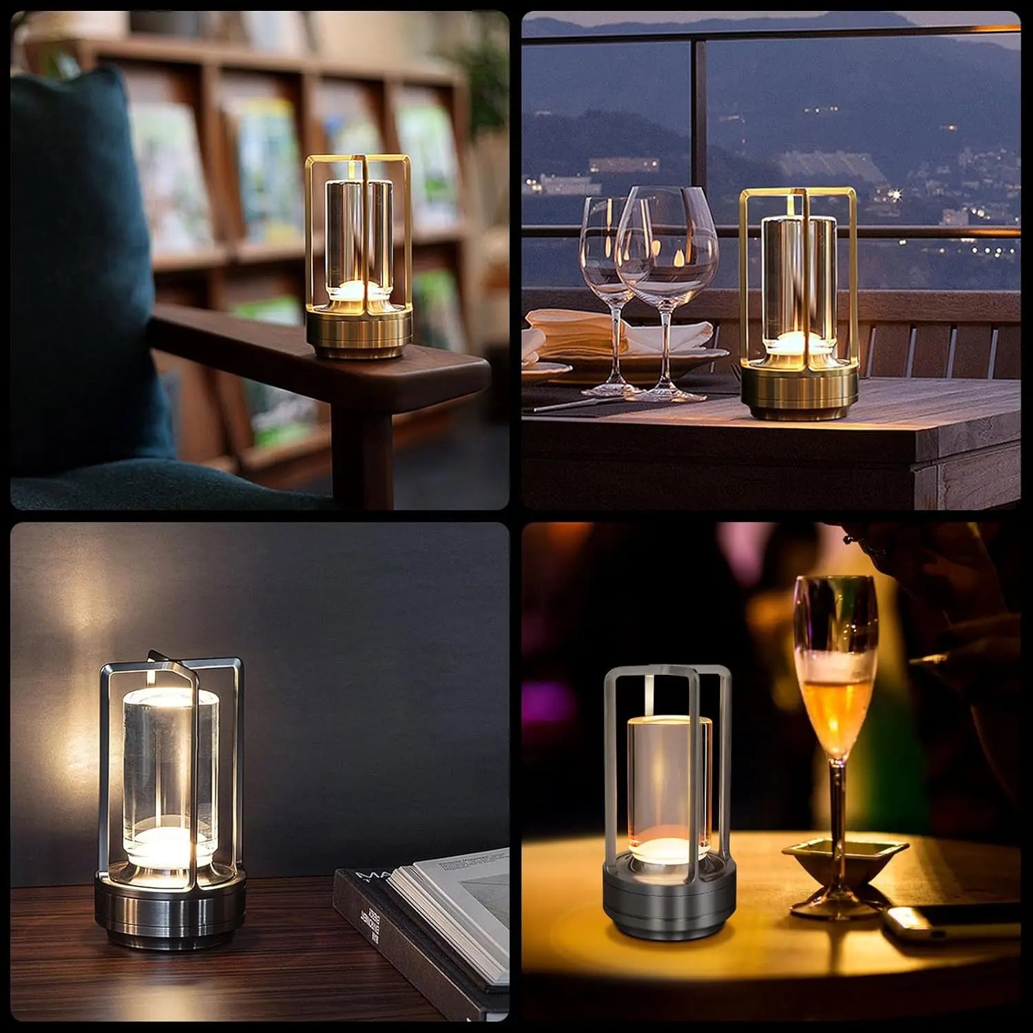 Gold cordless reading lamp with glass lantern style sides and glowing inner light