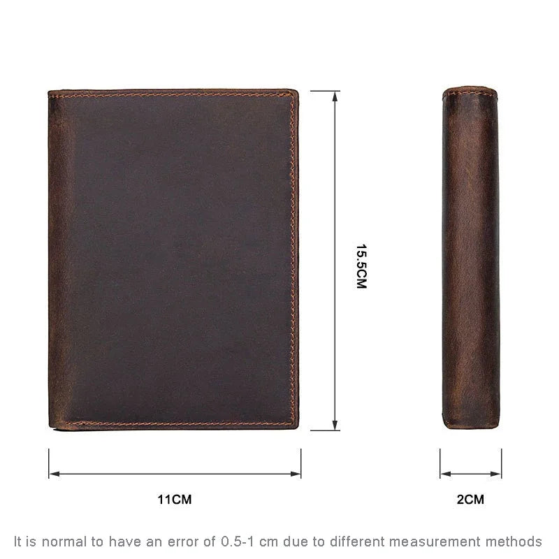 Compact travel document wallet dimensions: 11cm wide, 15.5cm tall, brown leather