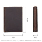 Compact travel document wallet dimensions: 11cm wide, 15.5cm tall, brown leather