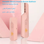 Pink electric hair bakhoor diffuser with comb-style heat plates, shown side and front views