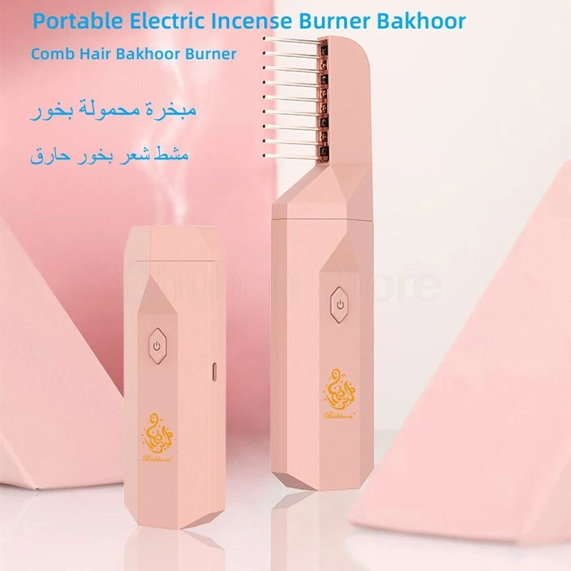 Pink electric hair bakhoor diffuser with comb-style heat plates, shown side and front views