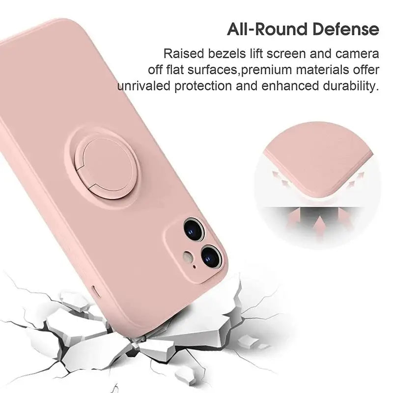 Light pink silicone MagSafe phone case with circular ring stand and raised edges