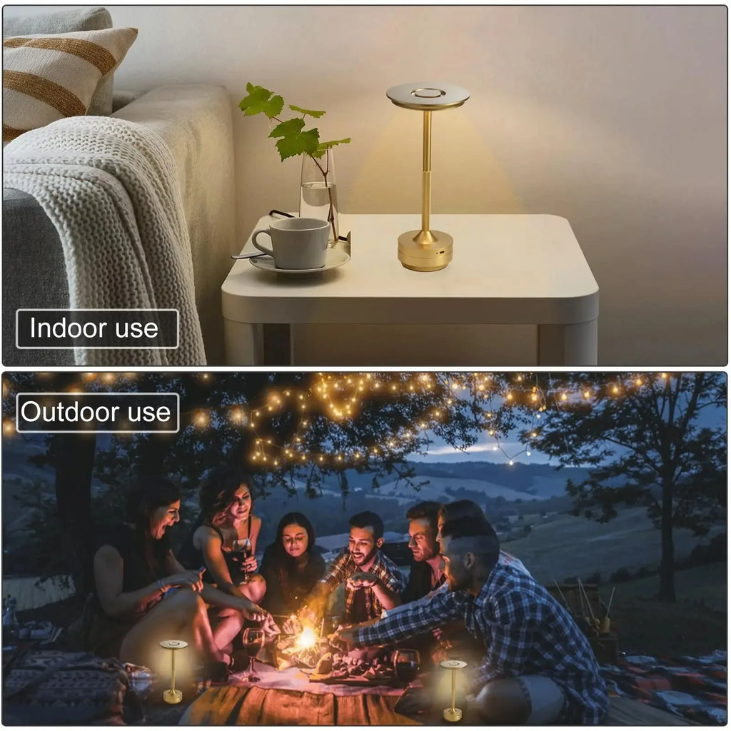 Champagne gold wireless touch desk lamp on a tabletop with glowing top light