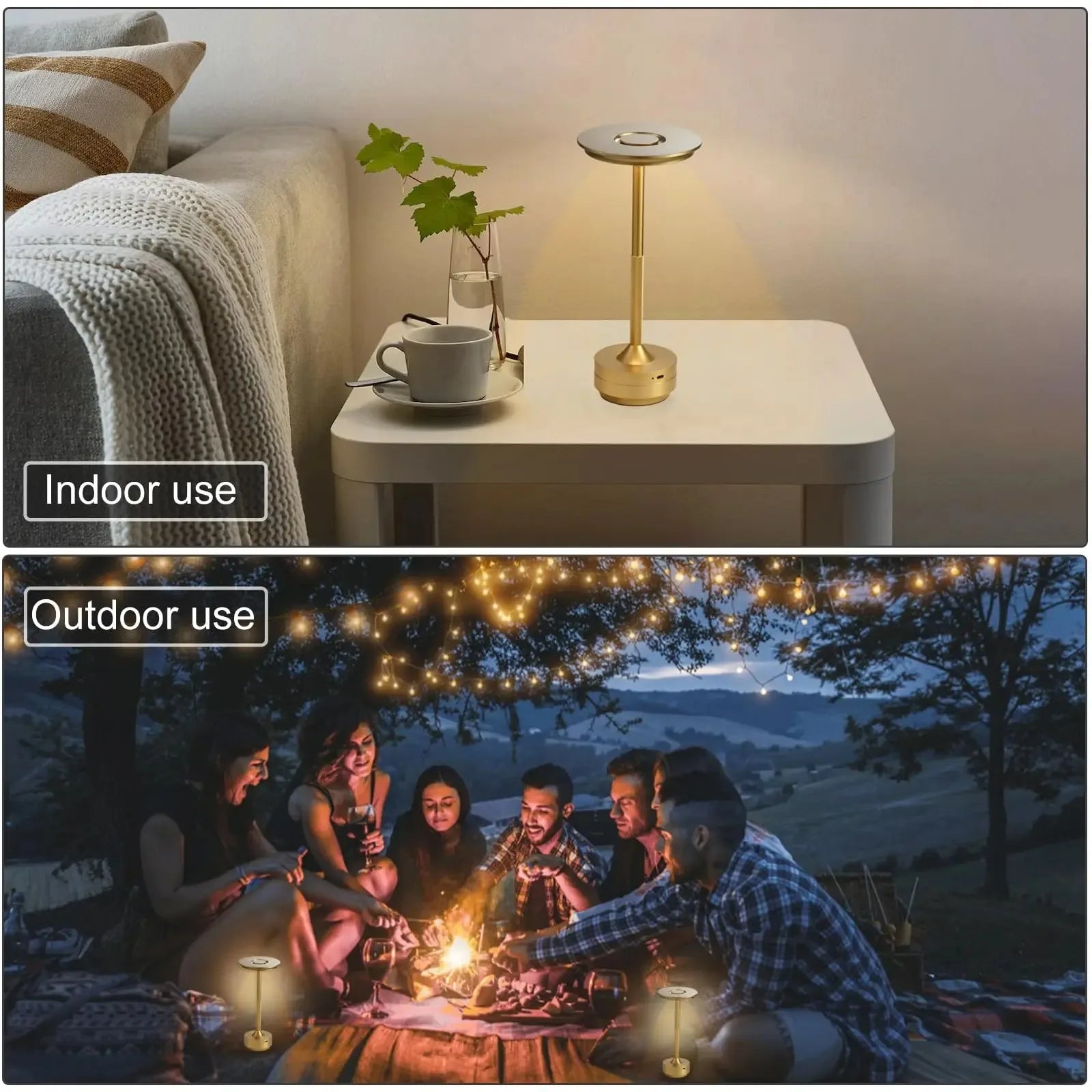Champagne gold wireless touch desk lamp on a tabletop with glowing top light