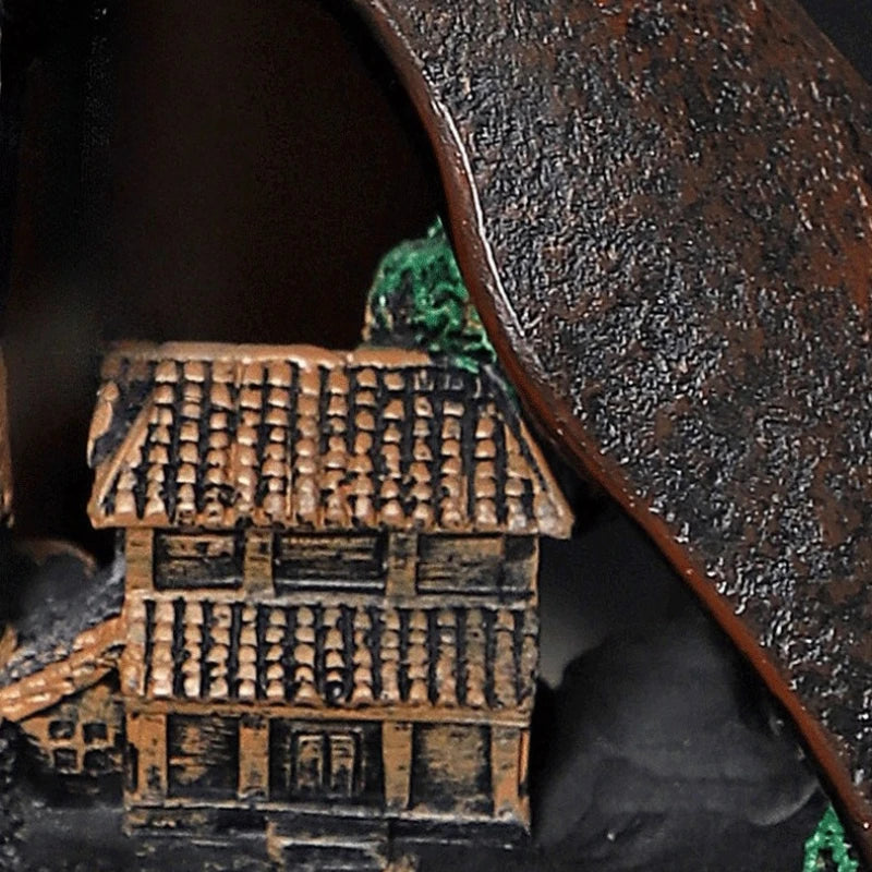 Misty Peaks backflow incense burner, textured pagoda house with smoke drifting
