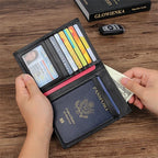 Compact travel document wallet, black exterior with card slots and clear window sleeves