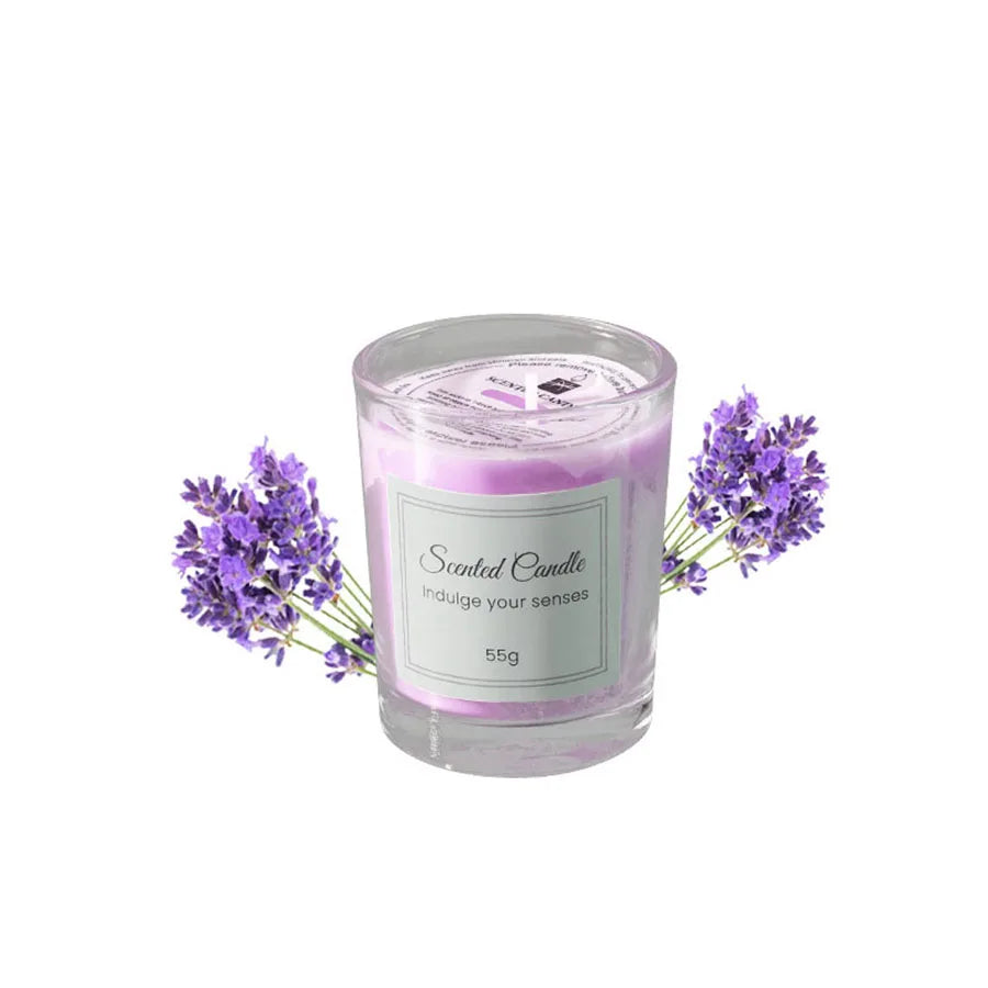 Premium Glass Scented Candle Gift Box, amethyst purple wax in clear glass, 55g