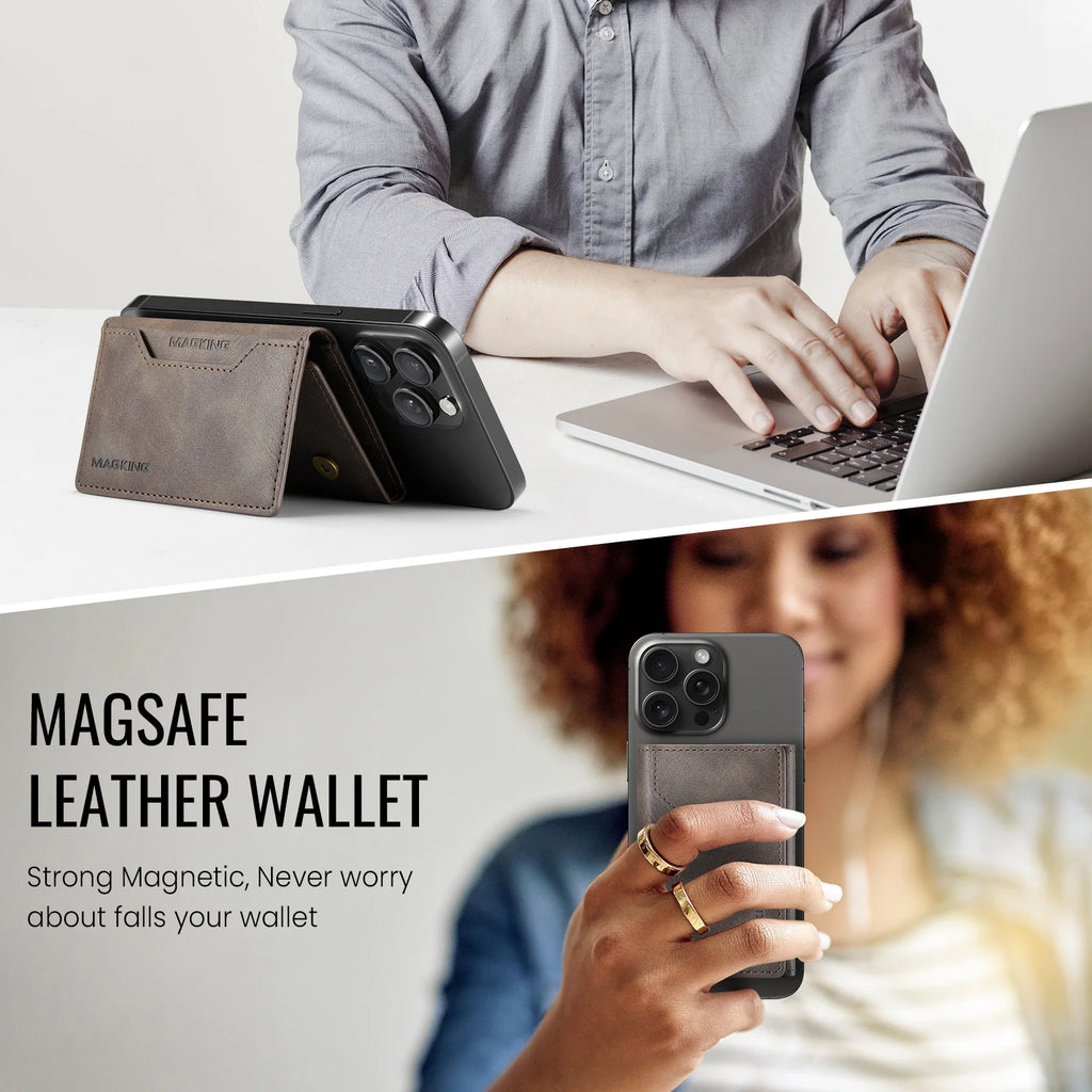 Slim leather wallet, brown, with card slots and magnetic phone-mount back.