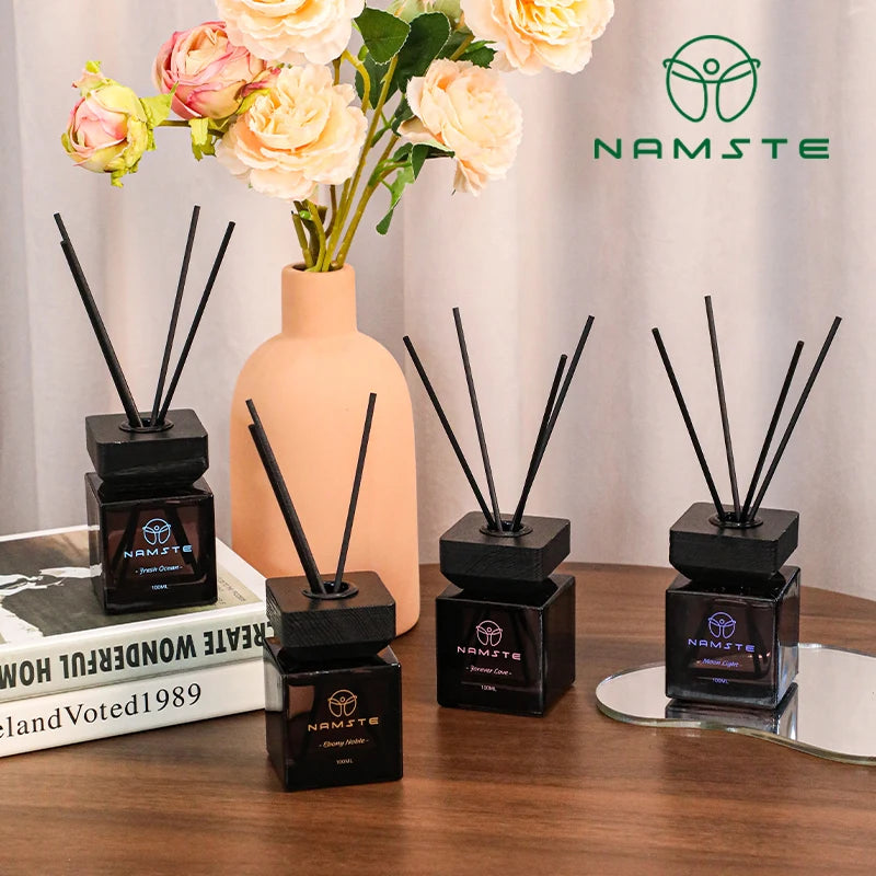 Signature reed diffuser set, black cube bottles with reeds and oil bottles