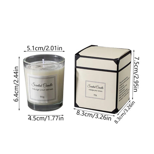 Glass scented candle in clear jar with gift box, dimensions shown