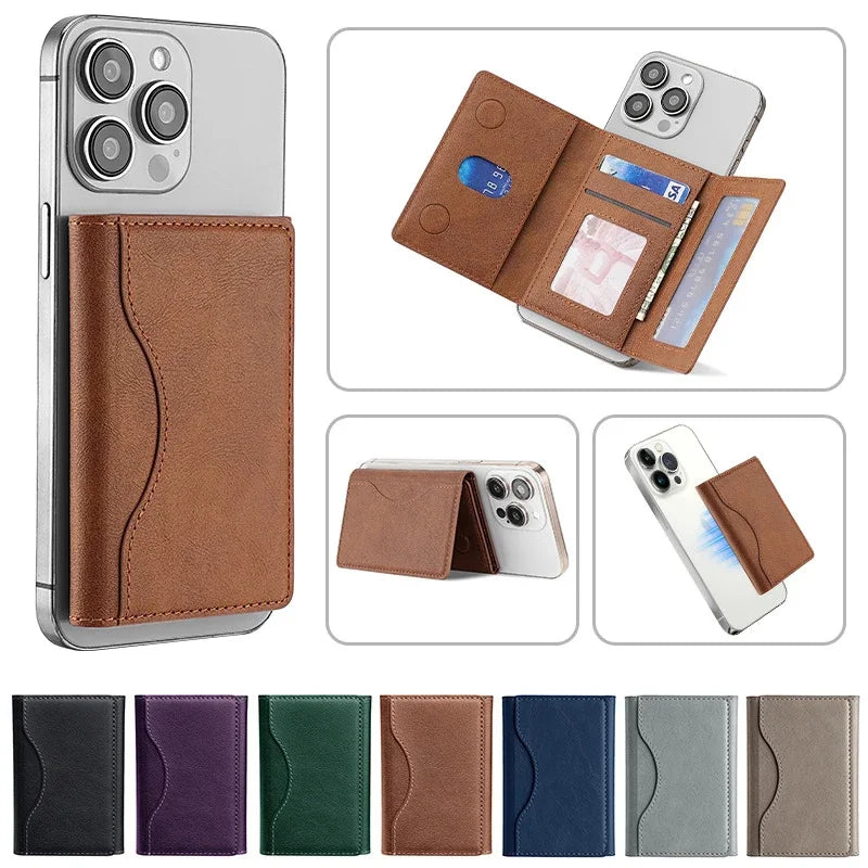 Brown tri-fold wallet stand with card slots and stand flip-up design