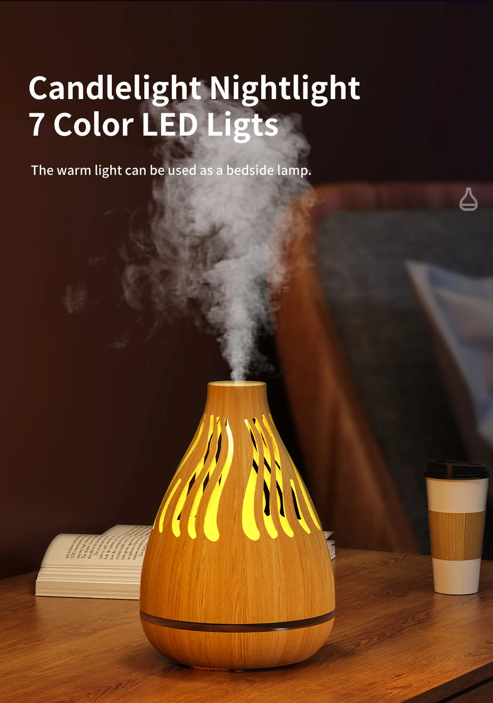 Wood-grain aroma diffuser humidifier with glowing yellow LED vents and mist outlet.