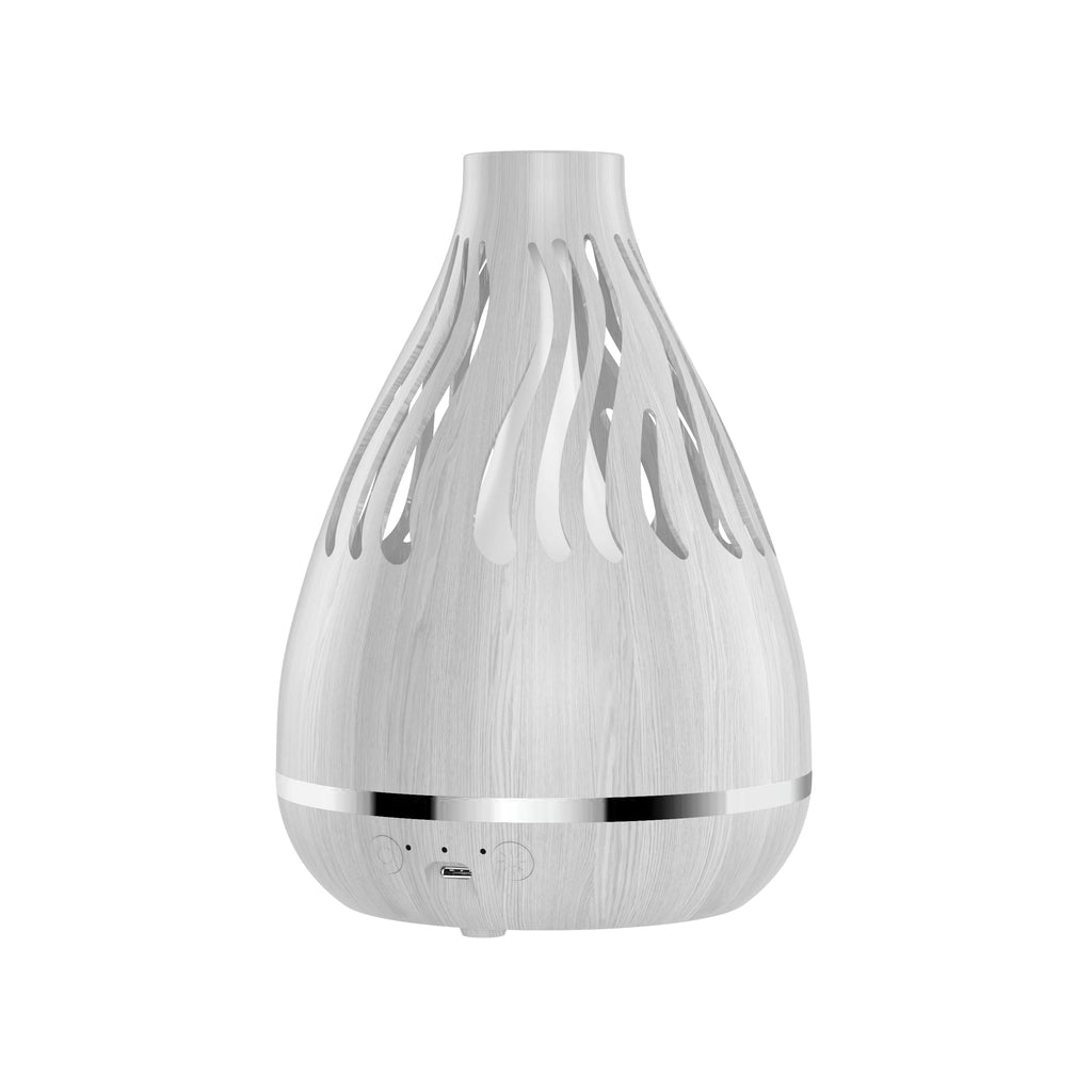 White wood-grain aroma diffuser humidifier, vented top with black base band and icons.