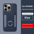 Eclipse magnetic card wallet in blue with ring holder and elastic card slot on a phone case.