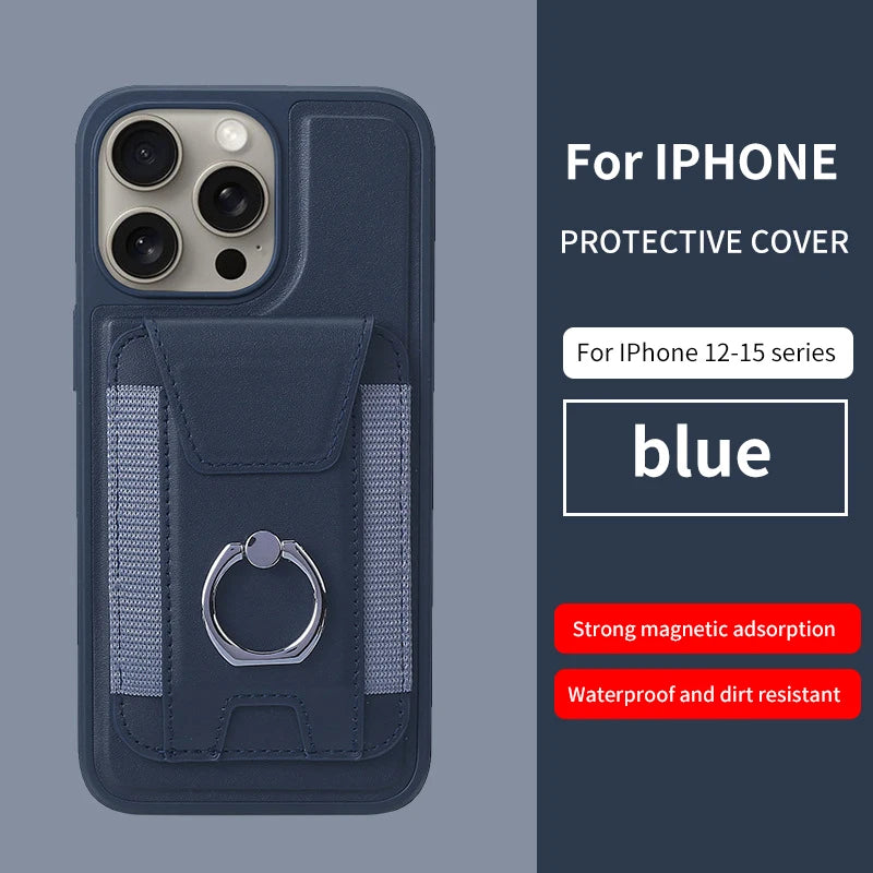Eclipse magnetic card wallet in blue with ring holder and elastic card slot on a phone case.