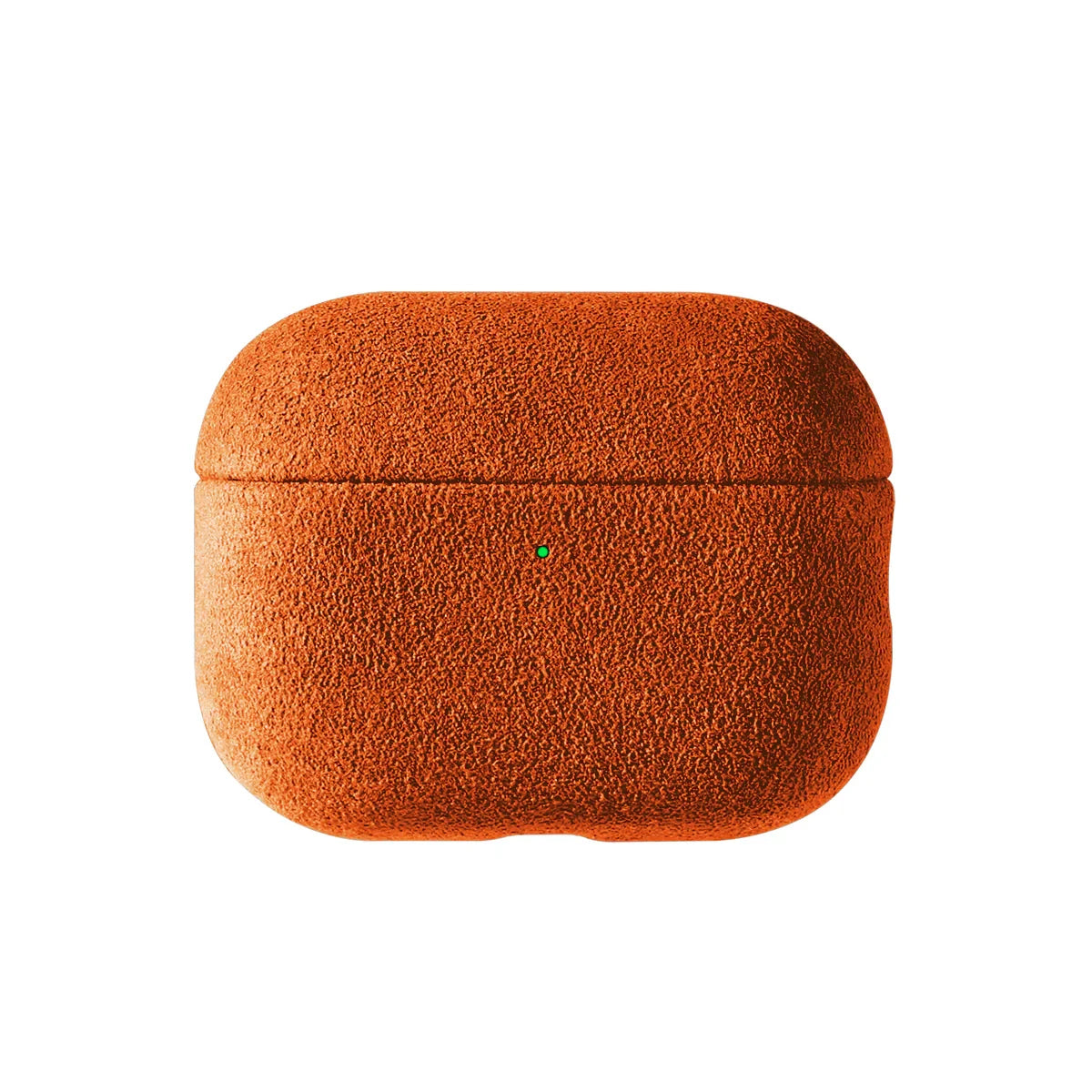 Alcantara AirPods case in amber orange, closed with small charging port marker