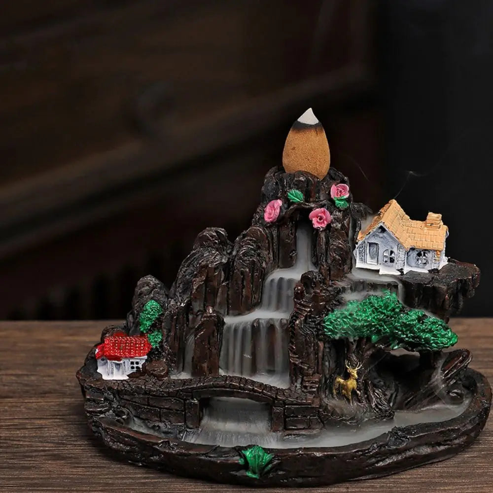 Fairy Mountain incense holder with waterfall steps, cottage detail, red roof, pink roses