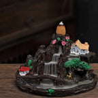 Fairy Mountain incense holder with waterfall steps, cottage detail, red roof, pink roses