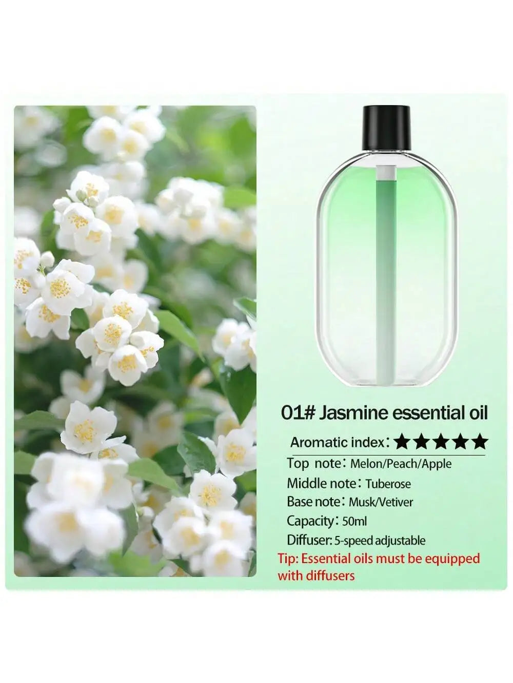 Green essential oil refill bottle (jasmine) for aroma diffuser, 50 ml