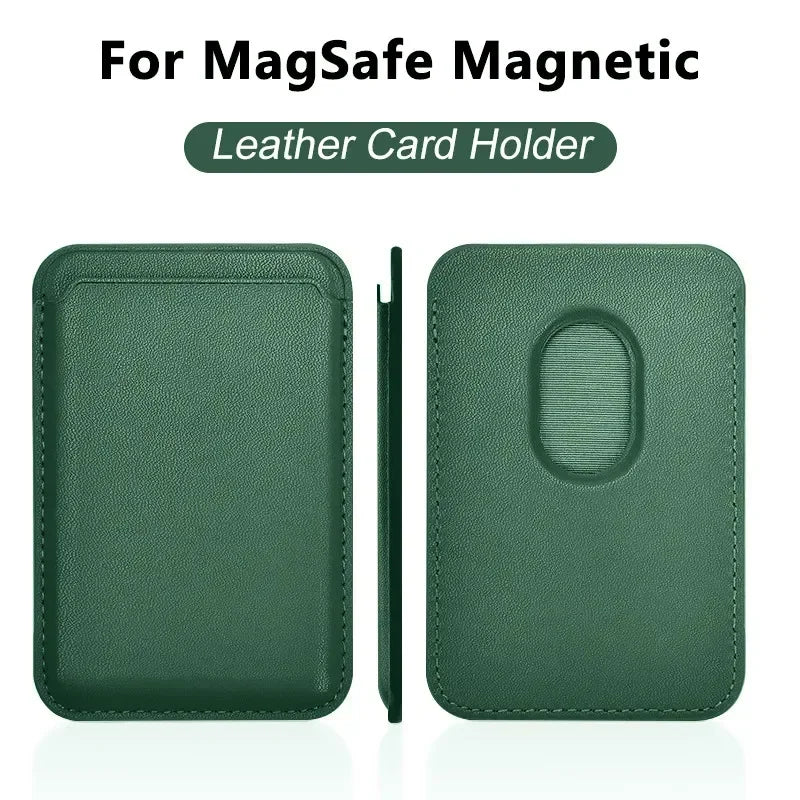 Magnetic card holder, dark green leather; front pocket, back oval slot, side magnet strip