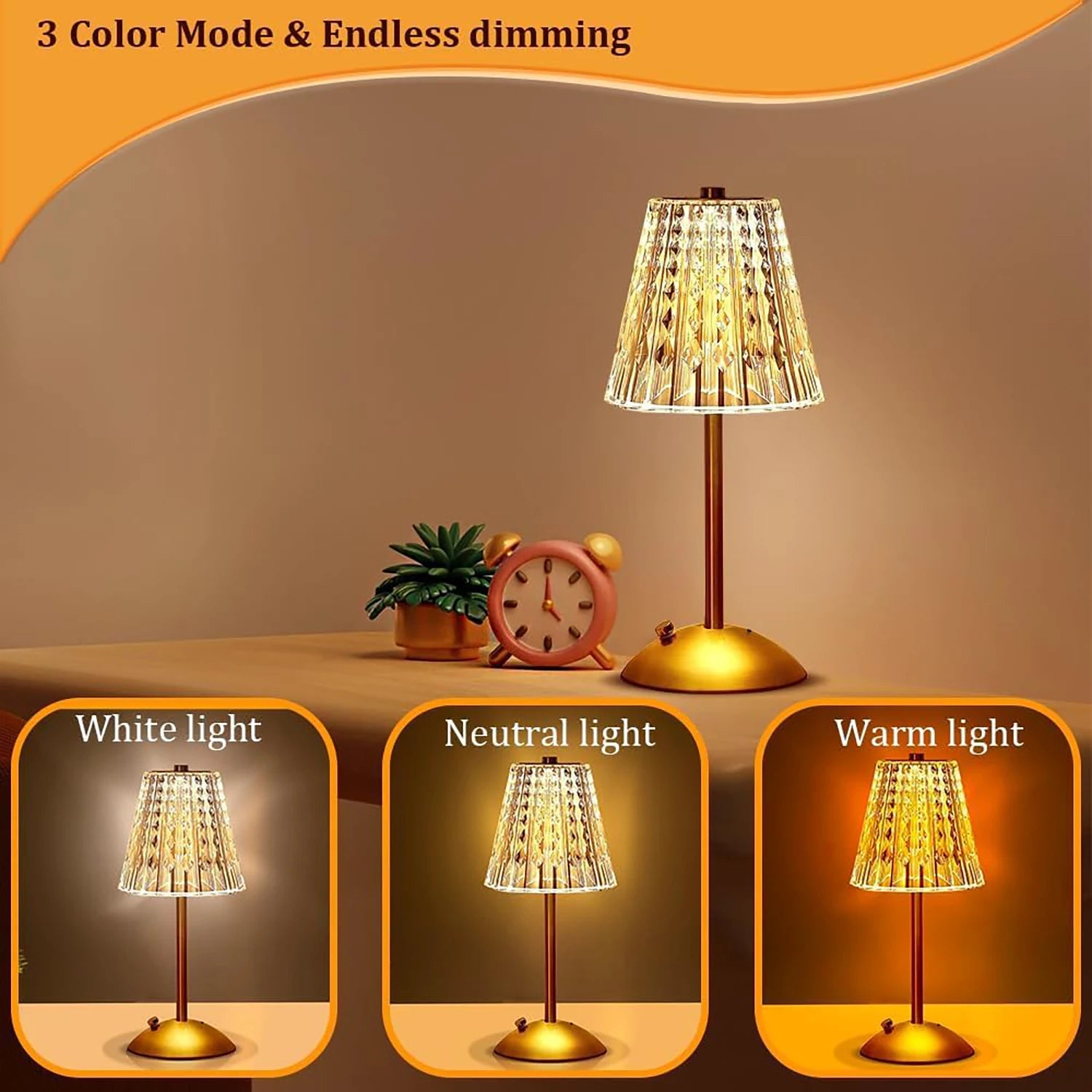 Champagne gold lamp with faceted crystal-look shade on round gold base