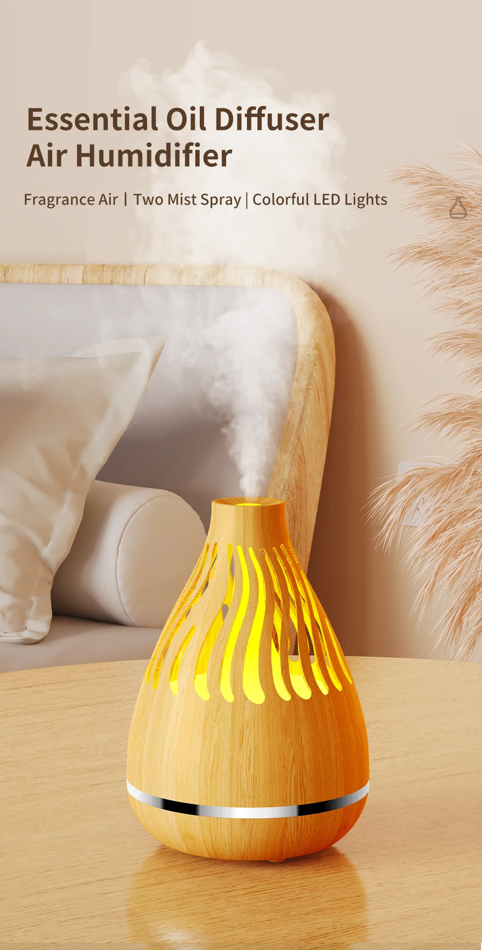 Wood grain aroma diffuser with yellow glowing mist vents, releasing mist.