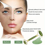 Classic Jade gua sha tool beside a face, oval stone and gold frame visible