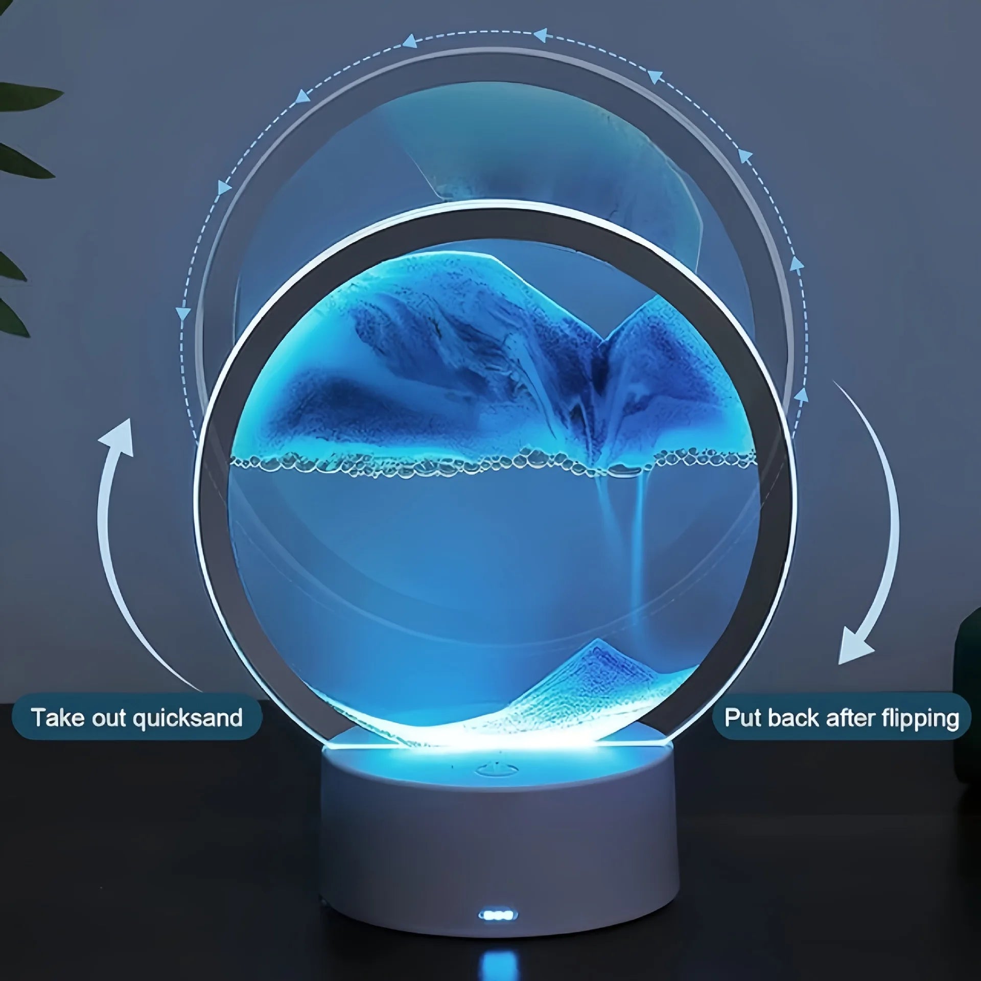 Cordless reading lamp in blue glow; ring-shaped light and sand steps effect