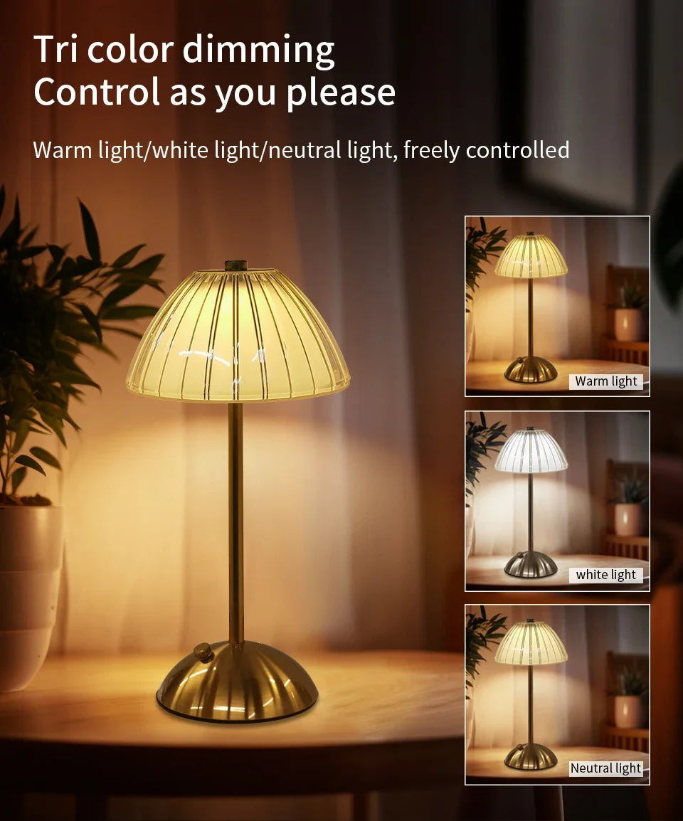 Cordless dimmable decor night lamp with ribbed golden shade and round gold base