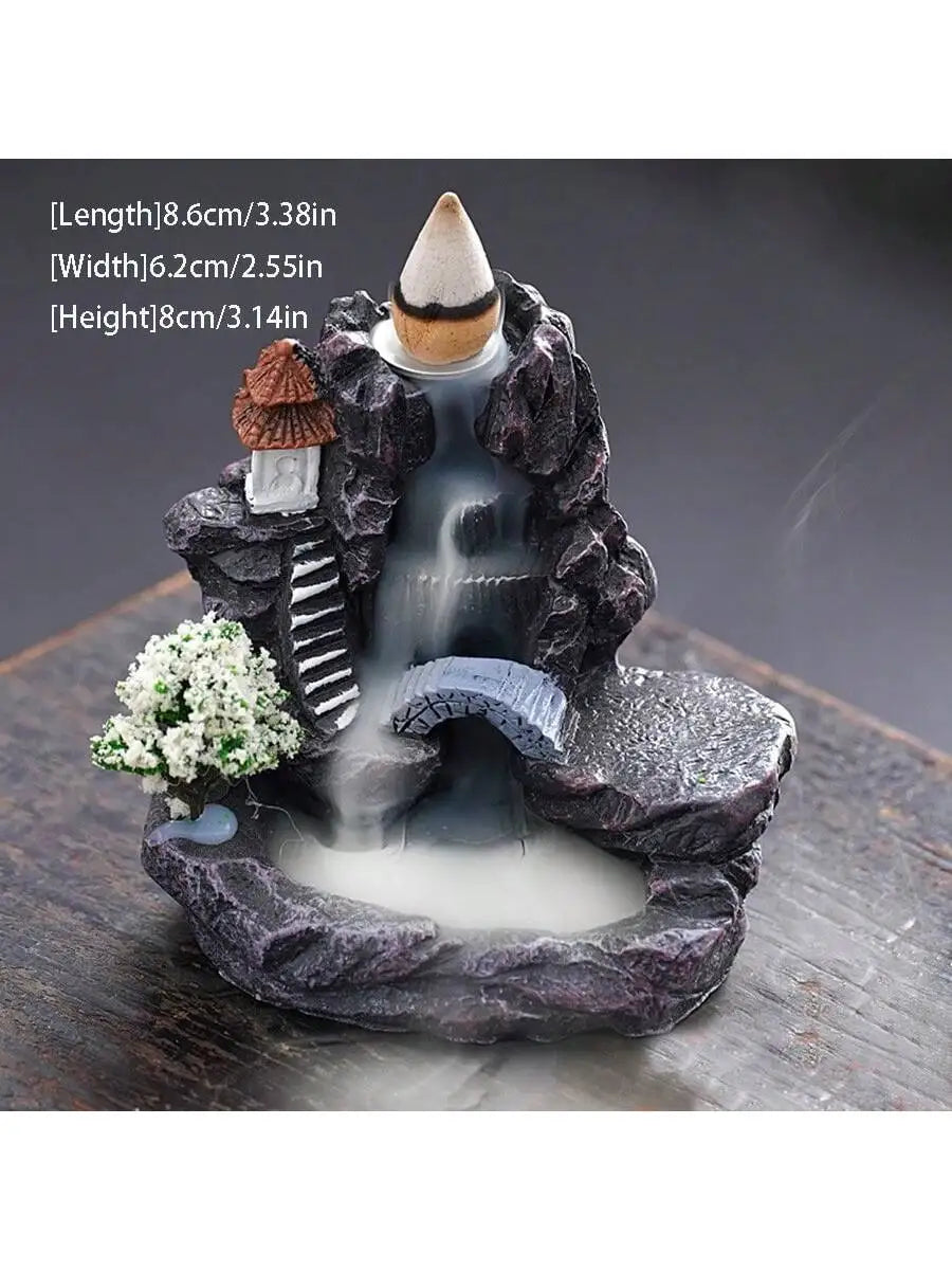 Backflow waterfall incense holder with incense cone, stone steps, and size dimensions
