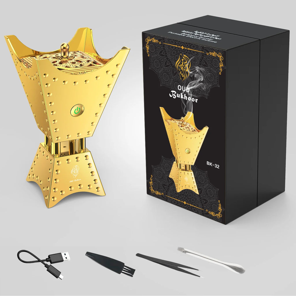 Gold electric incense burner with matching black product box