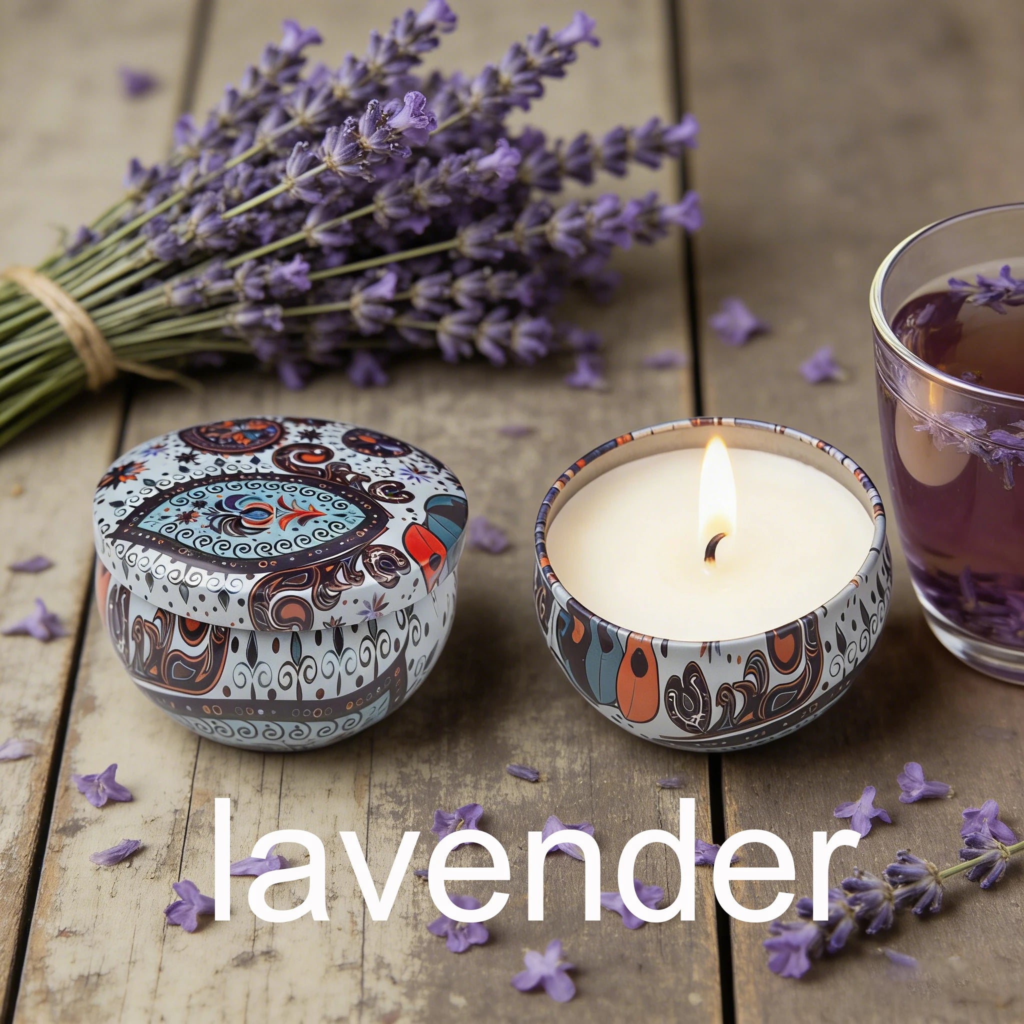 Naqsh tin candle—Lavender scent in decorative container.