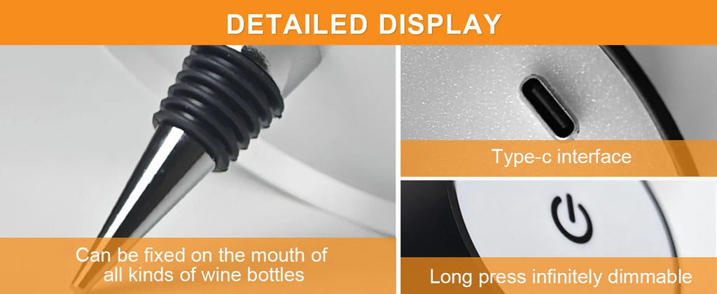 Wine bottle wireless LED lamp close-up of power cord and USB-C connection
