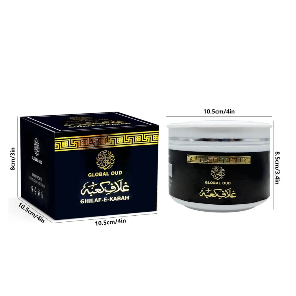 Black oud scent jar with lid and matching box, size labels shown