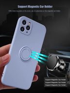 Light blue silicone MagSafe phone case with circular ring stand on back