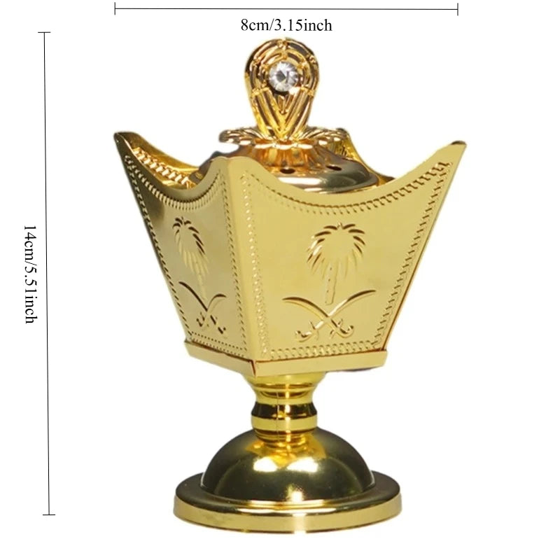 Gold metal incense holder with crown-shaped bowl, engraved details, gem finial lid, round base