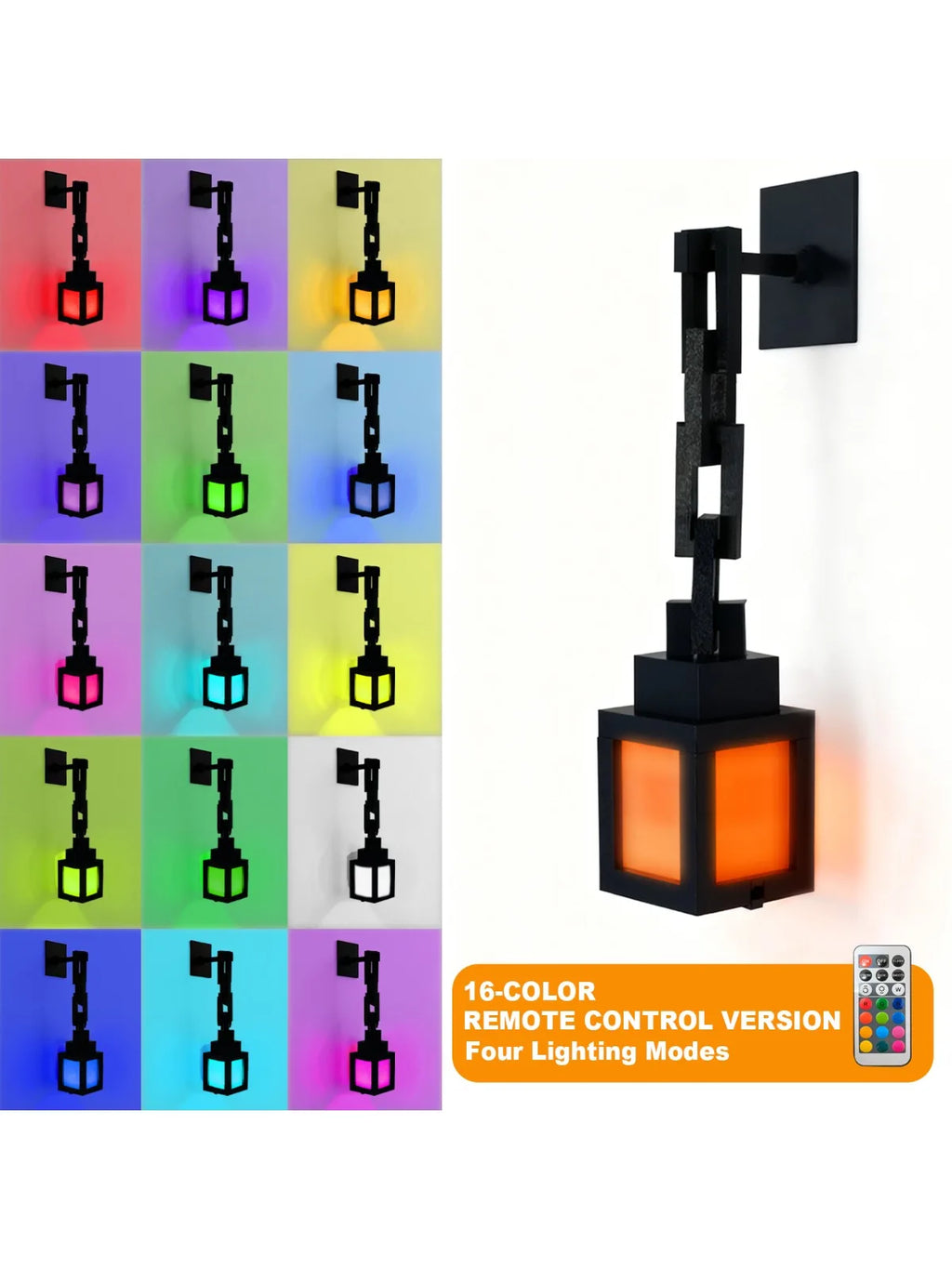 Black pixel lantern night light with multicolor glow options and remote-control graphic