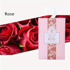 Rose hanging sachet card with floral rose design on light pink panel
