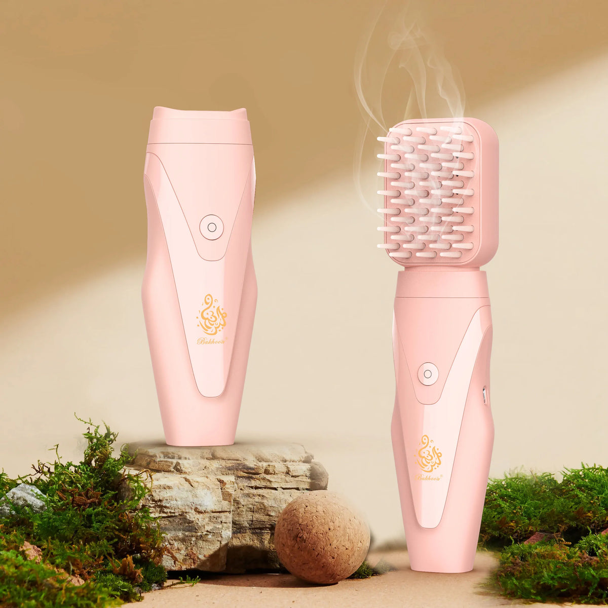Pink electric hair bakhoor diffuser with comb-style heat plate, producing visible vapor
