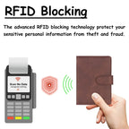 Brown RFID passport wallet with fold-over strap closure; hand holds the card case