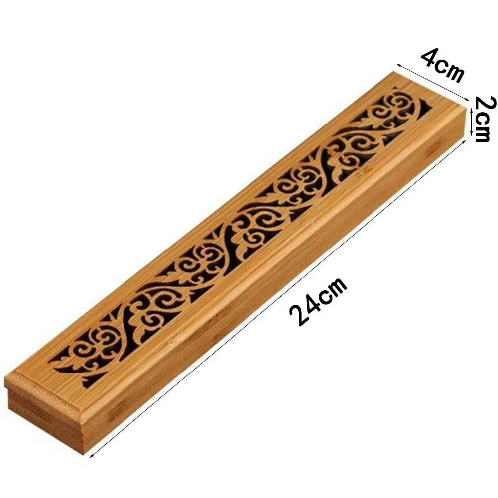 Bamboo incense box holder, floral lattice cutout, 24×4 cm