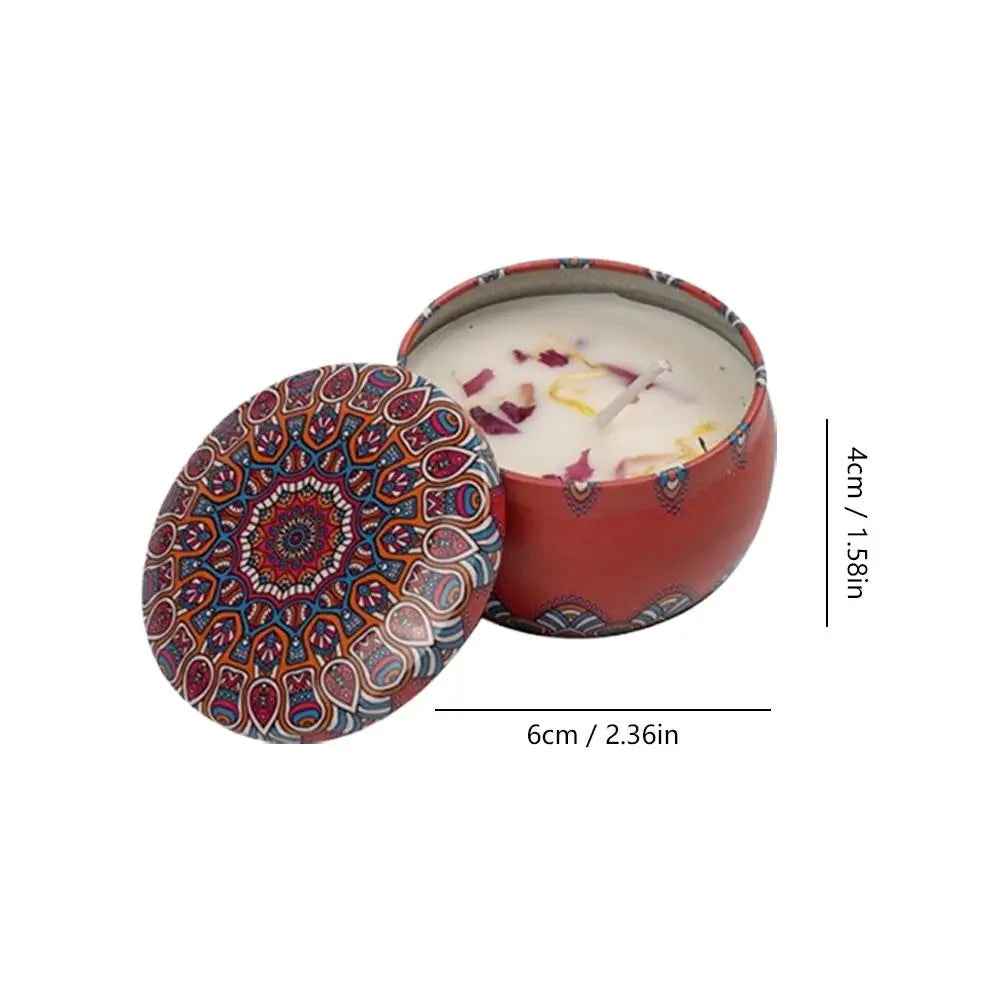 Red vintage jar scented candle with ornate patterned lid, visible size marks (4cm/6cm)