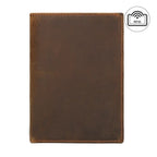 Cognac brown compact travel document wallet, front view with RFID label in corner.