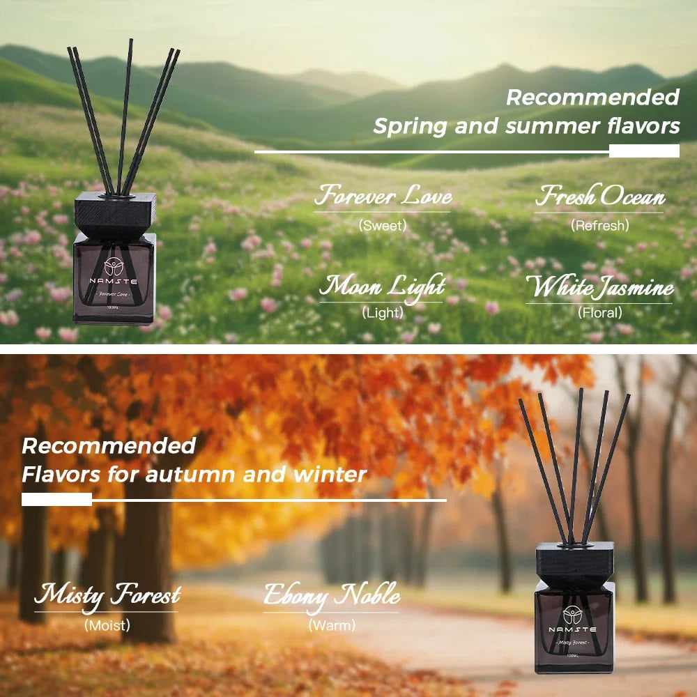 Misty Forest reed diffuser oil, black cube bottle with standing dark reeds