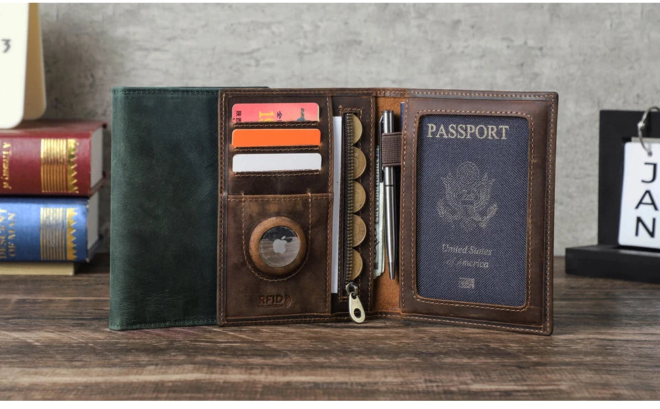 Forest green leather passport wallet, open view with card slots and pen holder