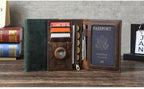 Forest green leather passport wallet, open view with card slots and pen holder