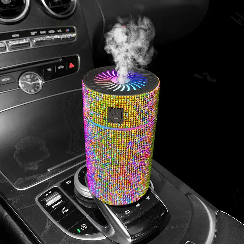 Rainbow glow glitter car aroma diffuser with multicolor top light fan and vapor