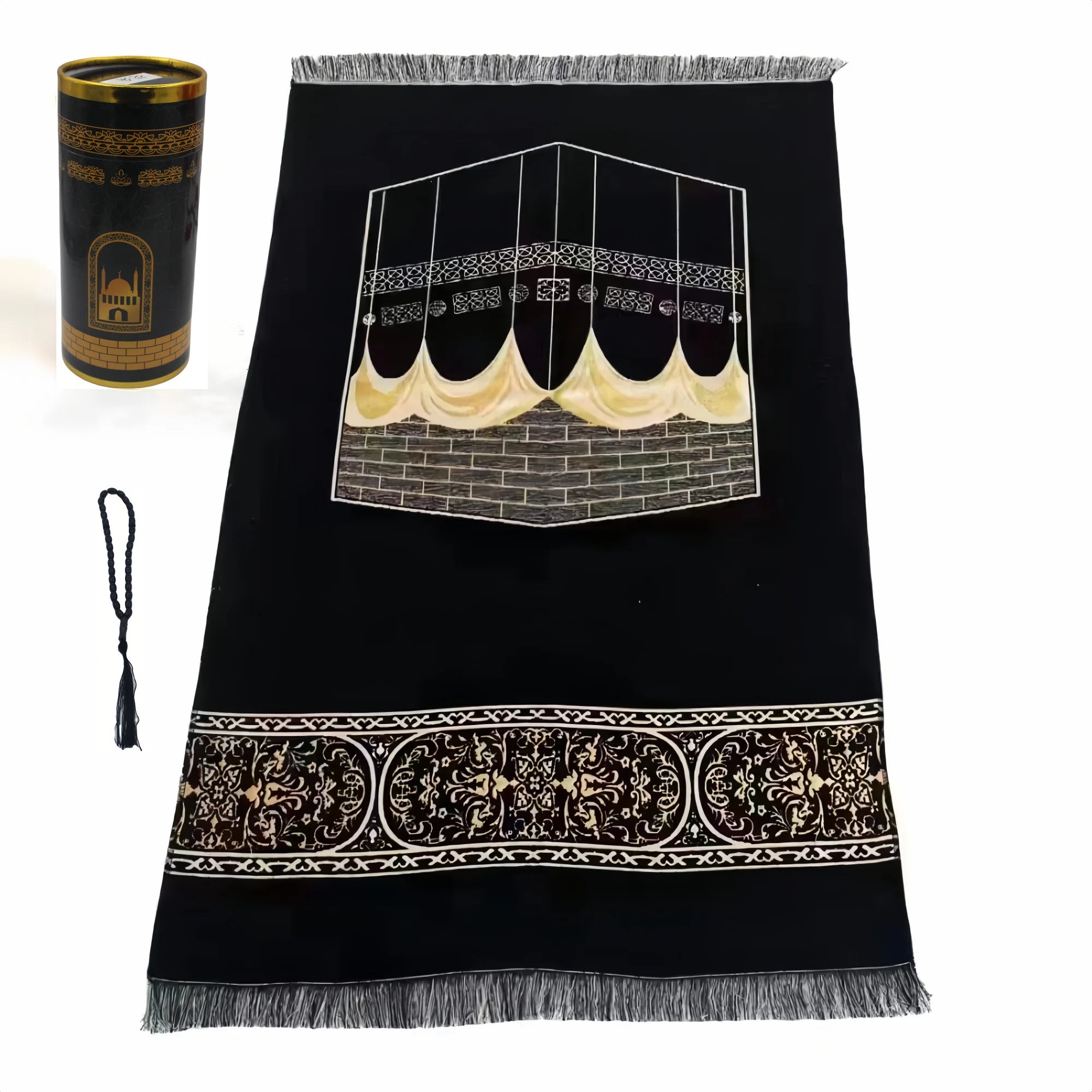 Dark prayer rug with tent-like mosque arch design, ornate lower band, and silver fringe